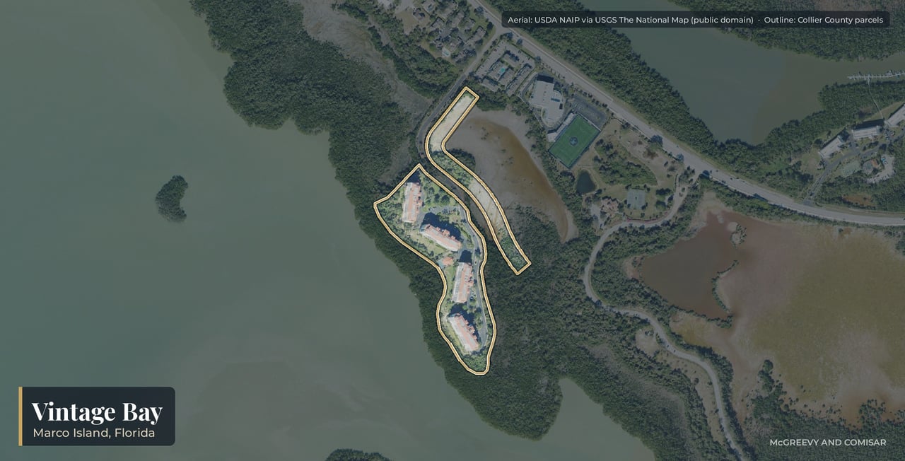 Aerial view of Vintage Bay on Marco Island, Florida, the four seven-floor buildings on Barfield Bay off San Marco Road