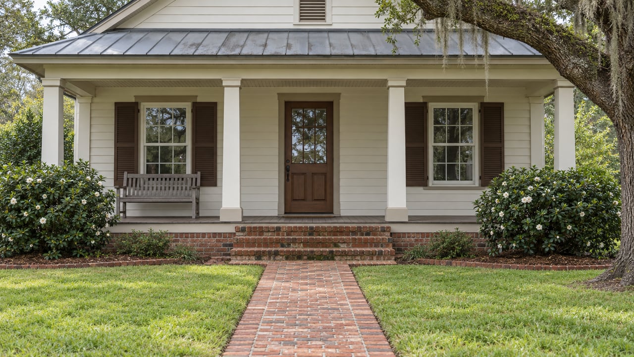 Cream-sided home with a raised timber porch, brown shutters, brick steps and walk, gardenias and a mature live oak beside a green front lawn.
