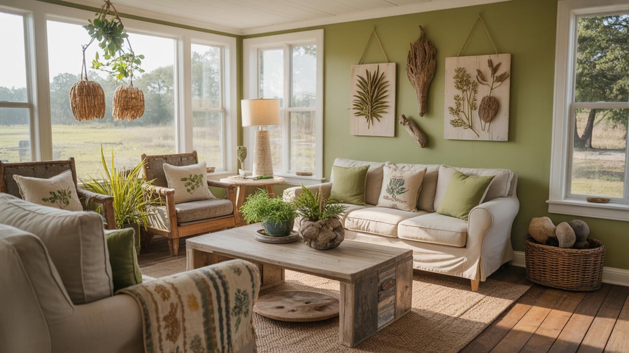 Living room with a cream sofa, botanical wall art, leafy plants, windows, and woven pendant lights.