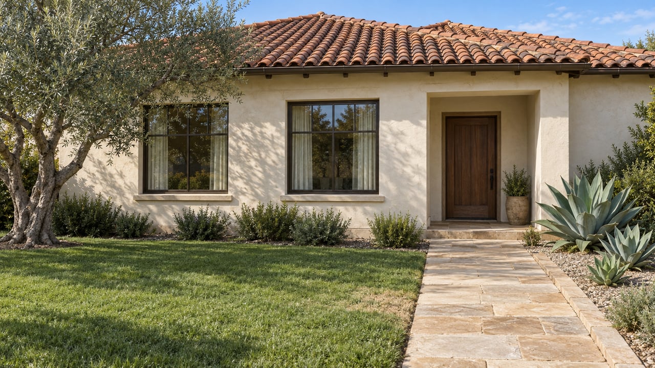 Cream stucco home with a terracotta roof, bronze-framed windows, a sandstone front walk and an olive tree beside the lawn.