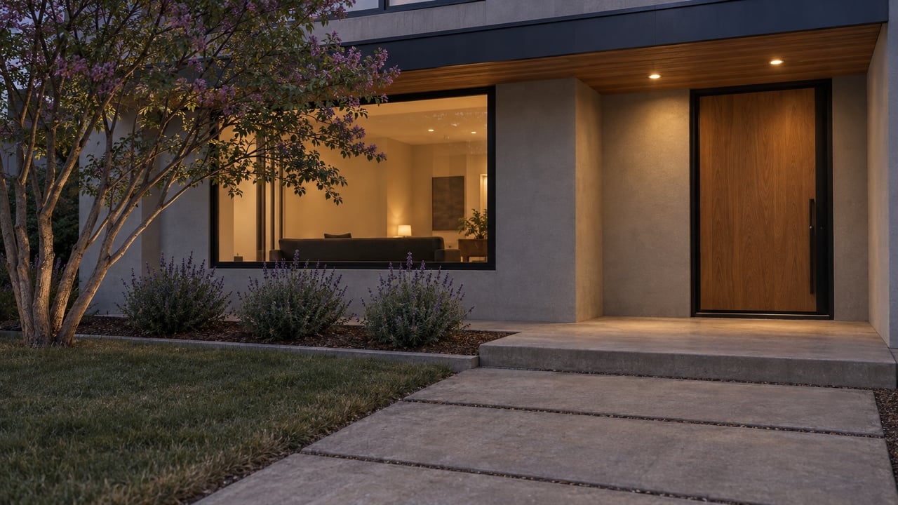 Dusk view of a contemporary home's oak entry, dark-framed window and concrete approach beside a lawn and flowering sage.