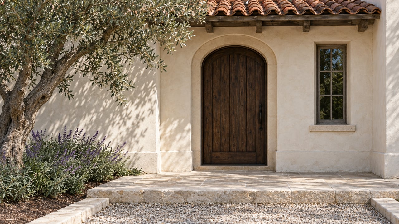 Arched oak entry beneath a red-tile porch, framed by an olive tree and worn limestone approach.