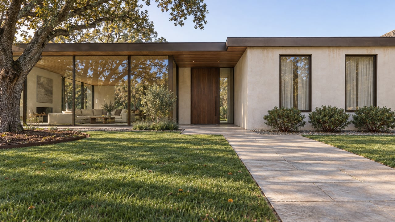Sunlit low-profile home with bronze-framed glass, warm plaster walls, a limestone approach and a mature oak beside a deep lawn.