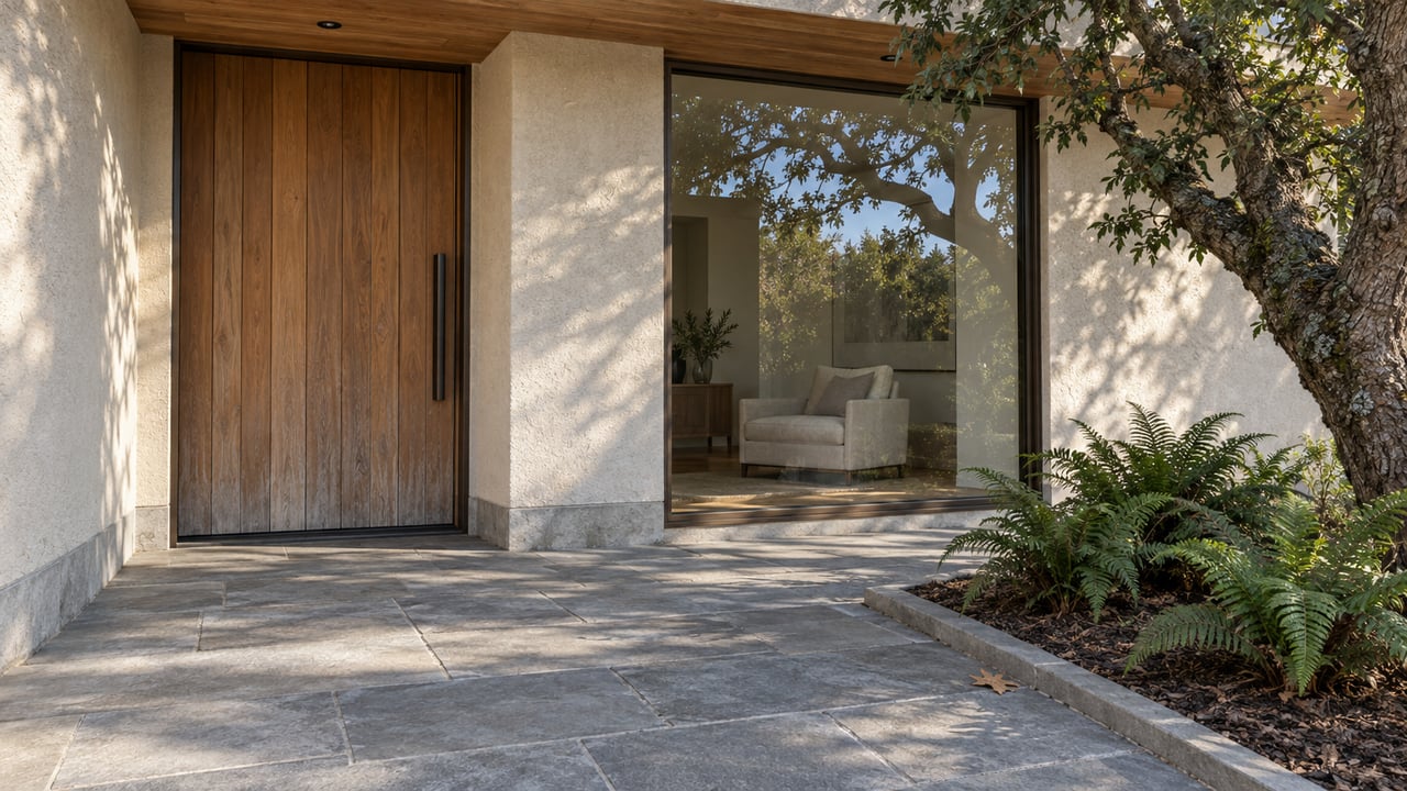 Cedar entry door and bronze-framed window beneath a wood soffit, with sandstone paving and an oak-shaded fern bed.