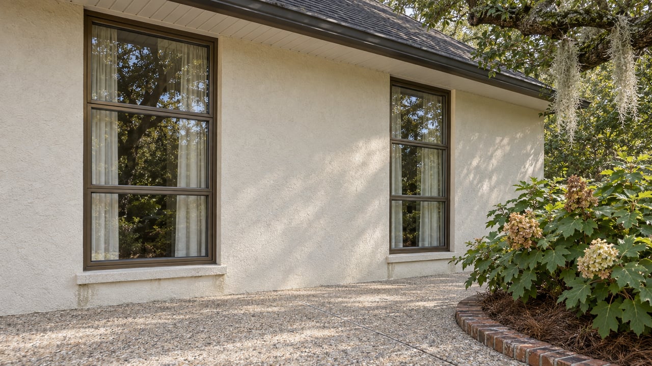Ivory stucco garden facade with bronze-framed windows, a shell-aggregate terrace and oakleaf hydrangea beneath a moss-draped live-oak limb.
