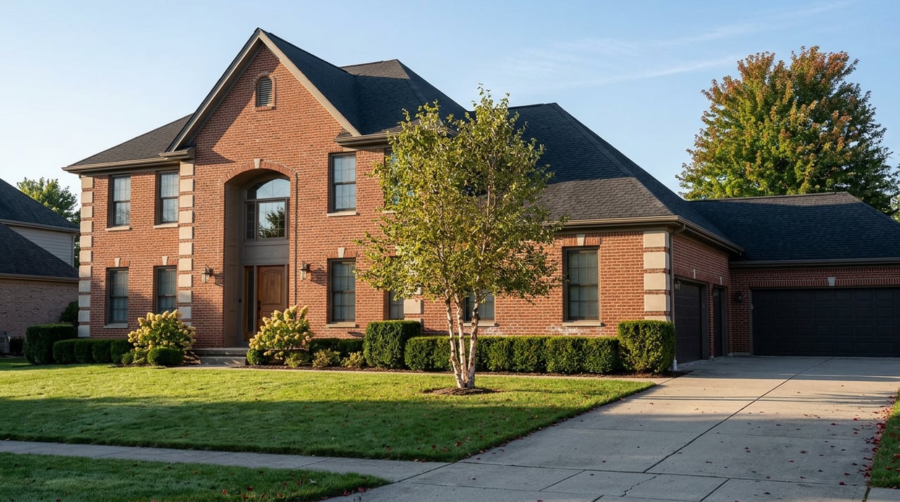 Brick Colonial house with stone corner details, a river birch in the lawn, and a three-bay garage.