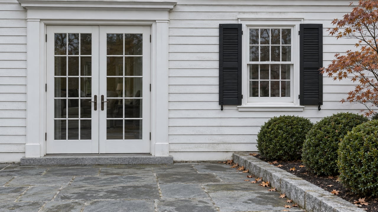 White clapboard house with divided-light French doors, black-shuttered window and weathered flagstone terrace beside autumn planting.