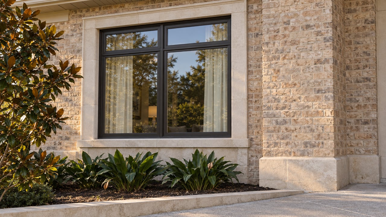 Warm afternoon light grazes buff brick and a limestone-framed bronze window above a planted bed and concrete front walk.