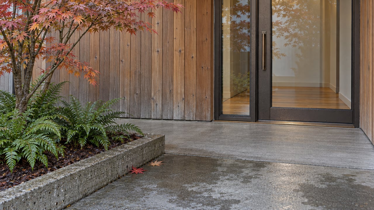 Cedar-clad residential entry with bronze-framed glazing, a damp concrete approach and copper-red maple leaves.