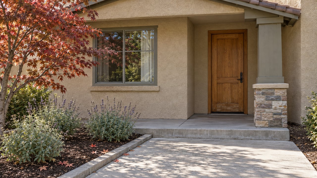 Sunlit stucco home entrance with an oak door, stone-based porch column, concrete approach, and copper-red maple leaves.
