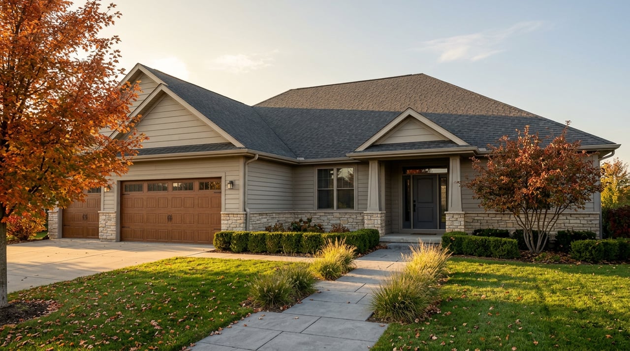 Multi-gable suburban home with stone veneer, a red-orange maple, and fallen leaves across the lawn and driveway.