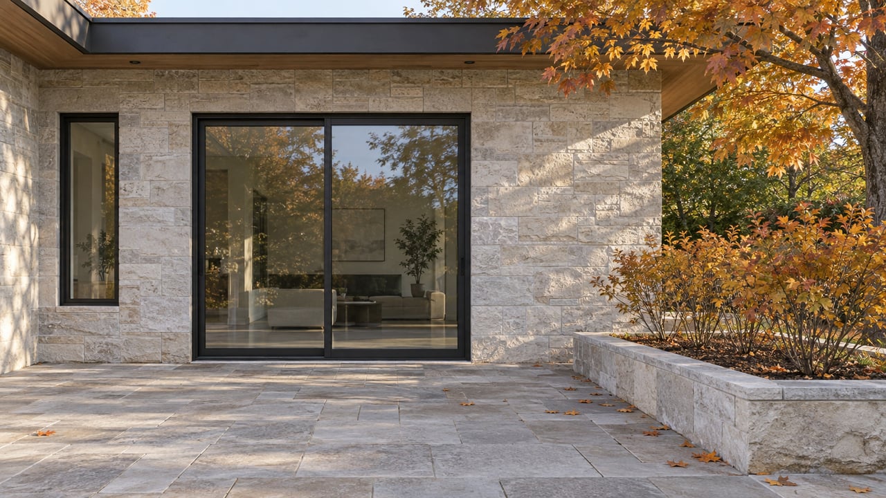 Limestone house wall with black-framed sliding doors beside an autumn maple and raised planting bed.