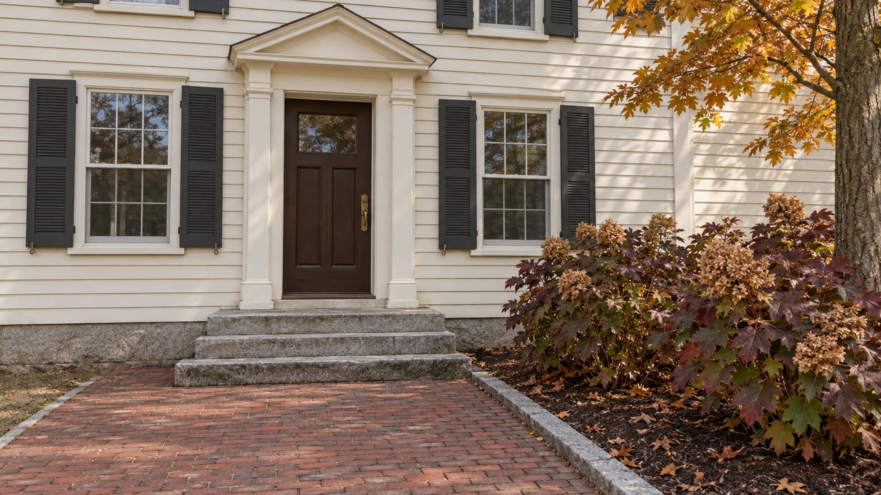 Ivory clapboard house entrance with a brown door, granite steps, brick walkway and autumn oakleaf hydrangeas.