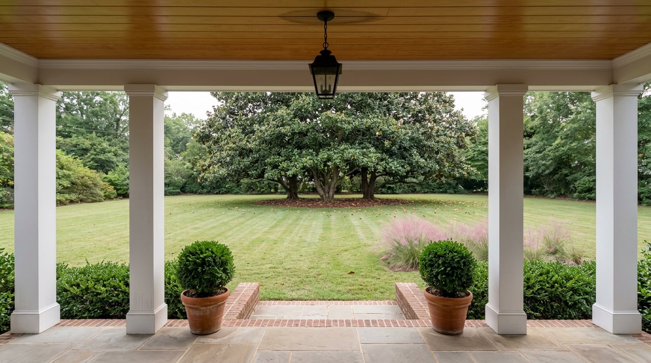 White porch columns frame a deep lawn, pink muhly grass, and a broad-canopied magnolia.