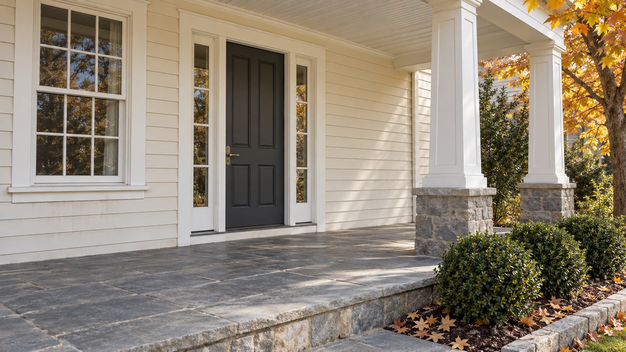 Ivory clapboard home with a charcoal entry door, paired glazed sidelights and a flagstone porch beside amber maple foliage.