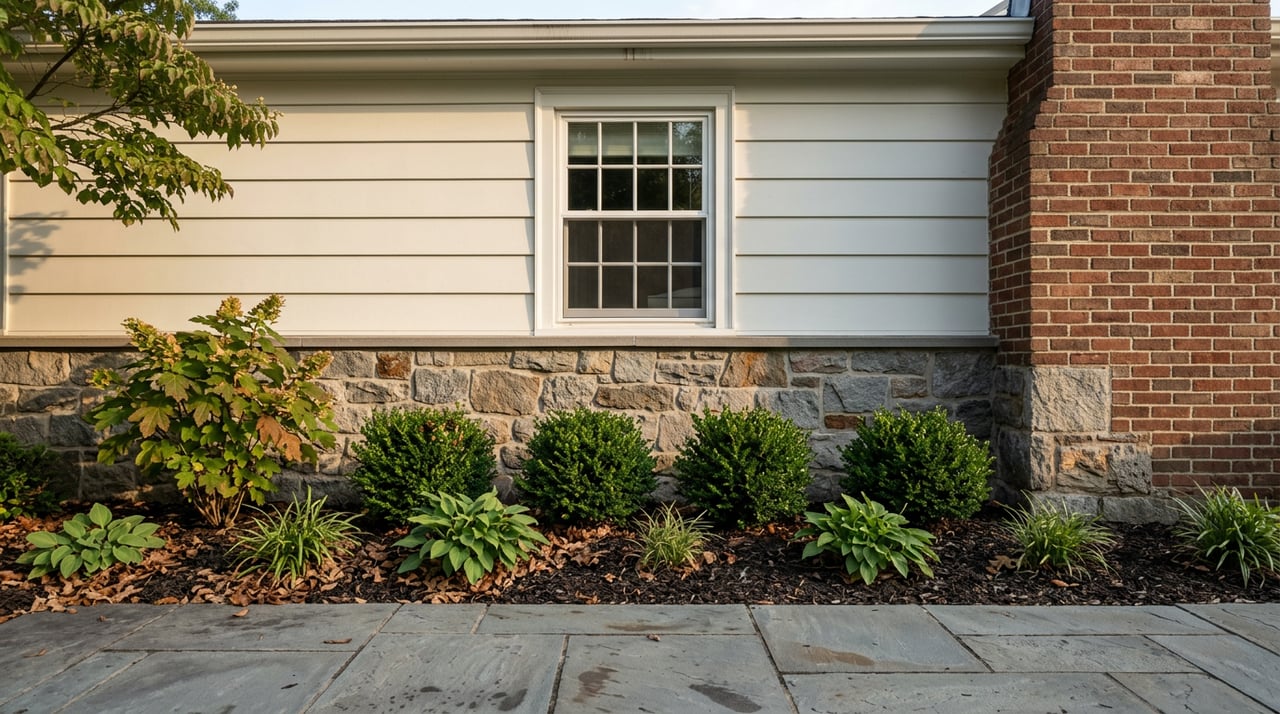 Fieldstone foundation beneath white siding, with a brick chimney, window, bluestone walk, and shrubs.