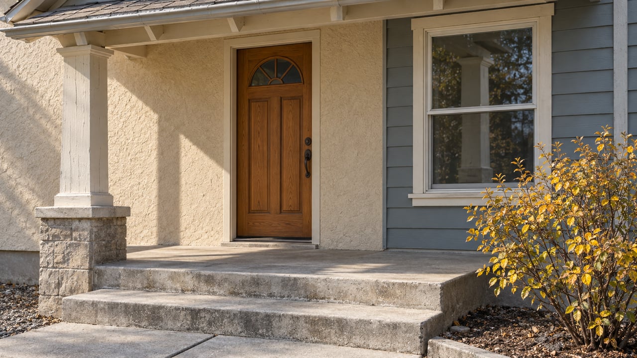 Sunlit cottage entry with beige stucco, blue-gray siding, a wood door, worn concrete steps and one yellow-leaved serviceberry shrub.
