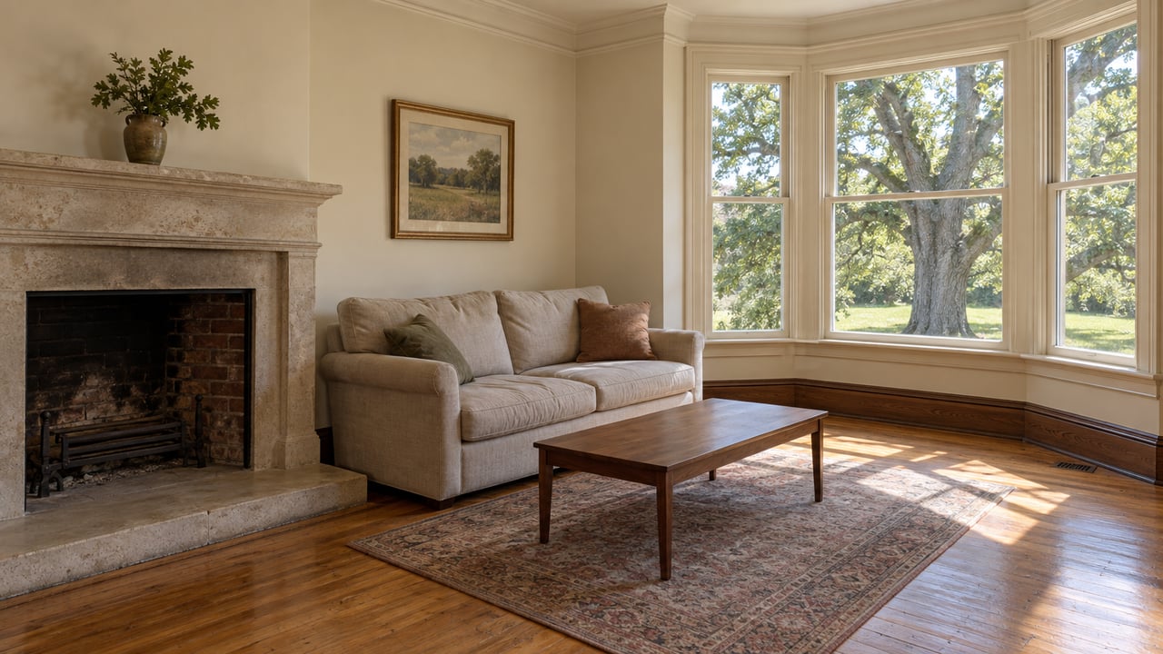 Living room with a limestone fireplace, oatmeal sofa, and three-panel bay window overlooking an oak tree.