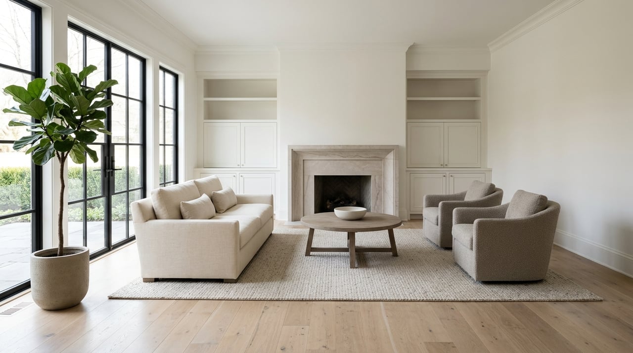 Formal living room with a honed limestone fireplace, black steel windows, and oak flooring.