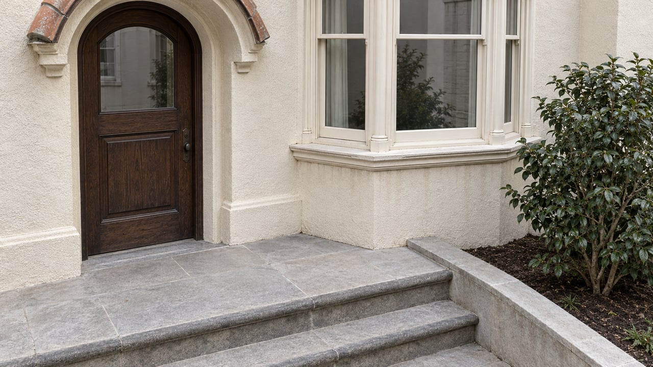 Arched oak entrance and cream-painted bay window above a worn limestone landing, beside a single camellia.