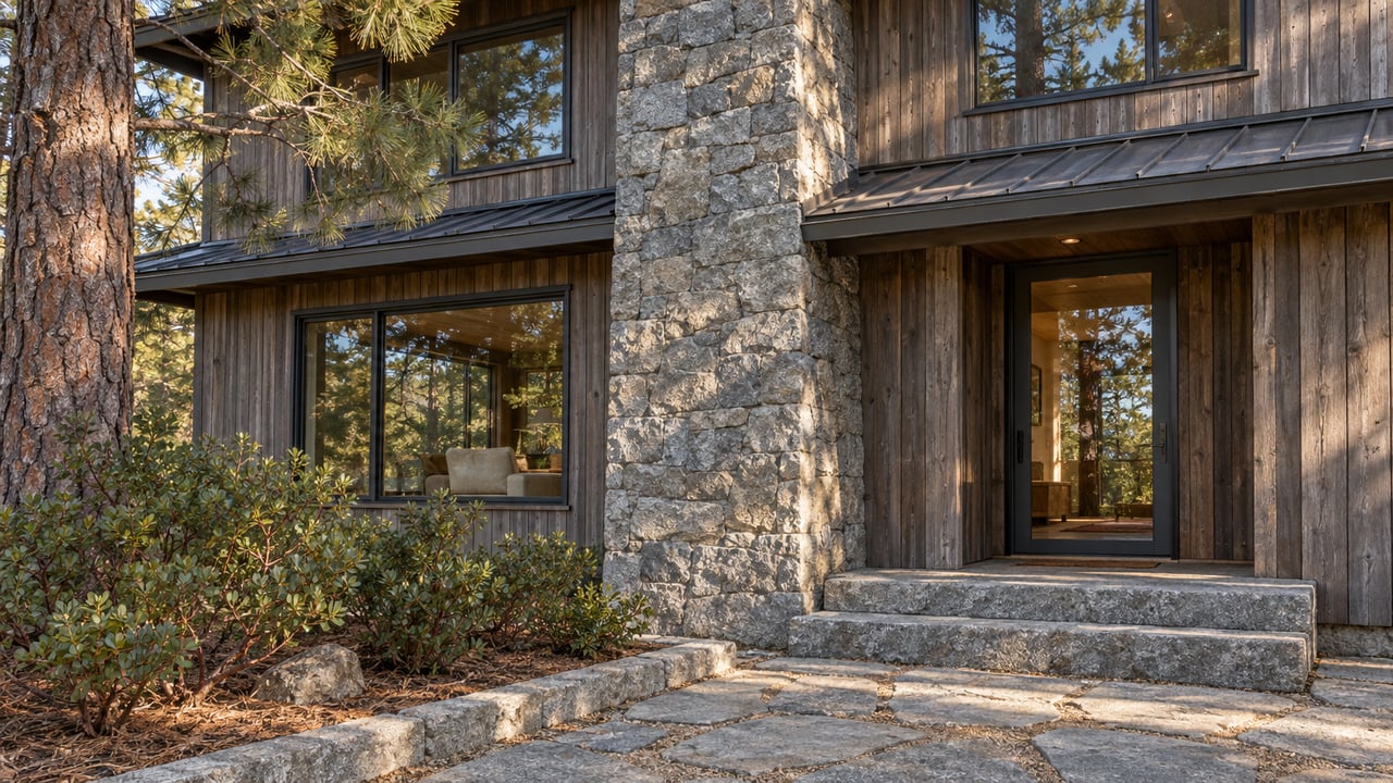 Cedar-clad home with granite chimney, broad windows and a stone entry approach beside a Jeffrey pine and manzanita.