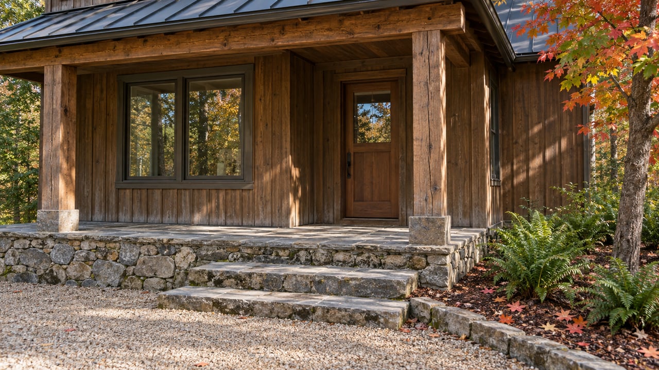 Wood-sided cabin entry with a timber porch, gray stone steps and an autumn red maple beside the gravel approach.