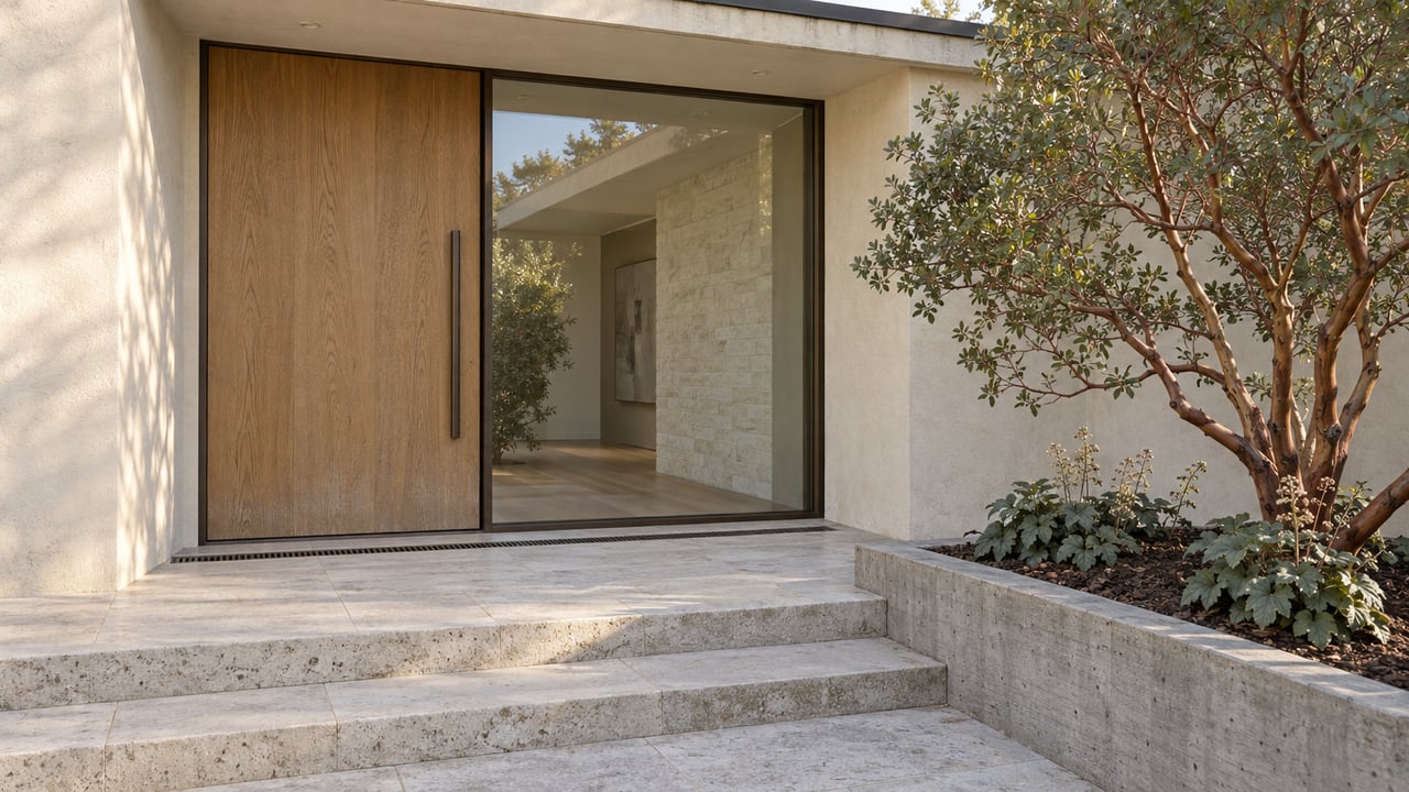 Modern home's recessed oak entrance beside bronze-framed glass, with limestone steps and a sculptural manzanita in a concrete planter.