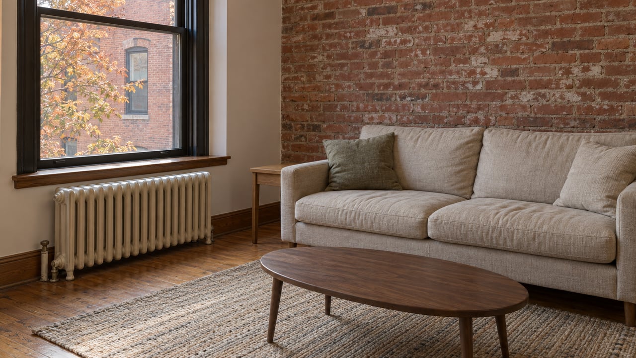 Soft daylight falls across an exposed-brick apartment living room with an oatmeal sofa, worn oak floors, and amber leaves outside a closed window.