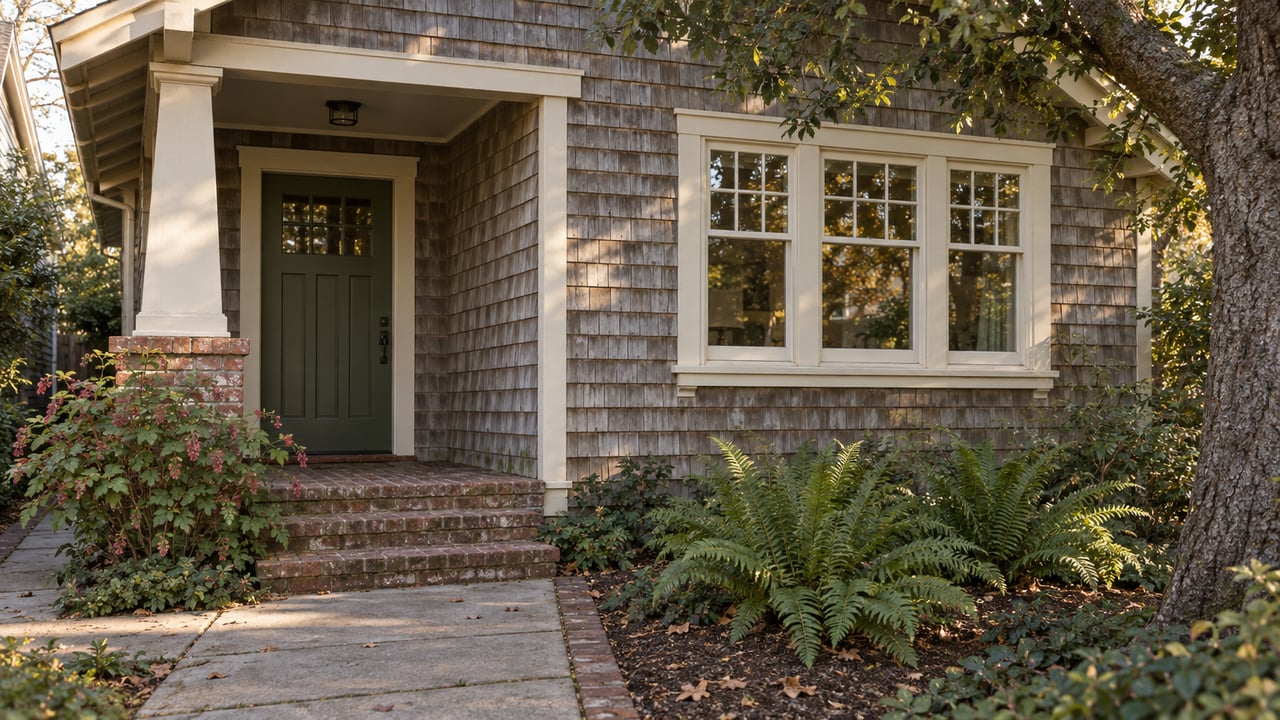 Compact cedar-shingled home with a moss-green entry, brick steps, divided-light window, and leafy front garden.