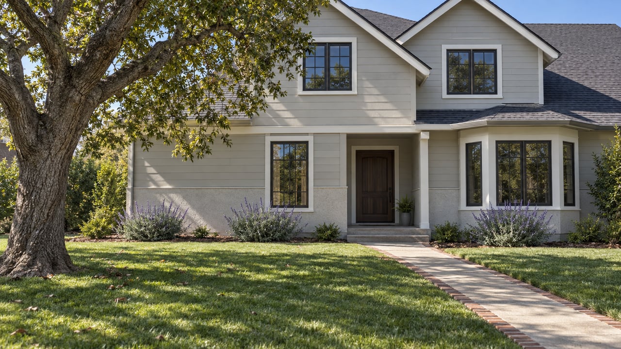 Two-story gray house with charcoal gables, a deep lawn, diagonal concrete walk, and broad-canopied oak.