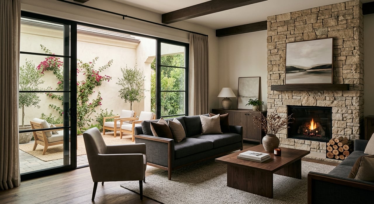 Living room with a limestone fireplace, taupe sofa, and open sliding door overlooking a planted patio.