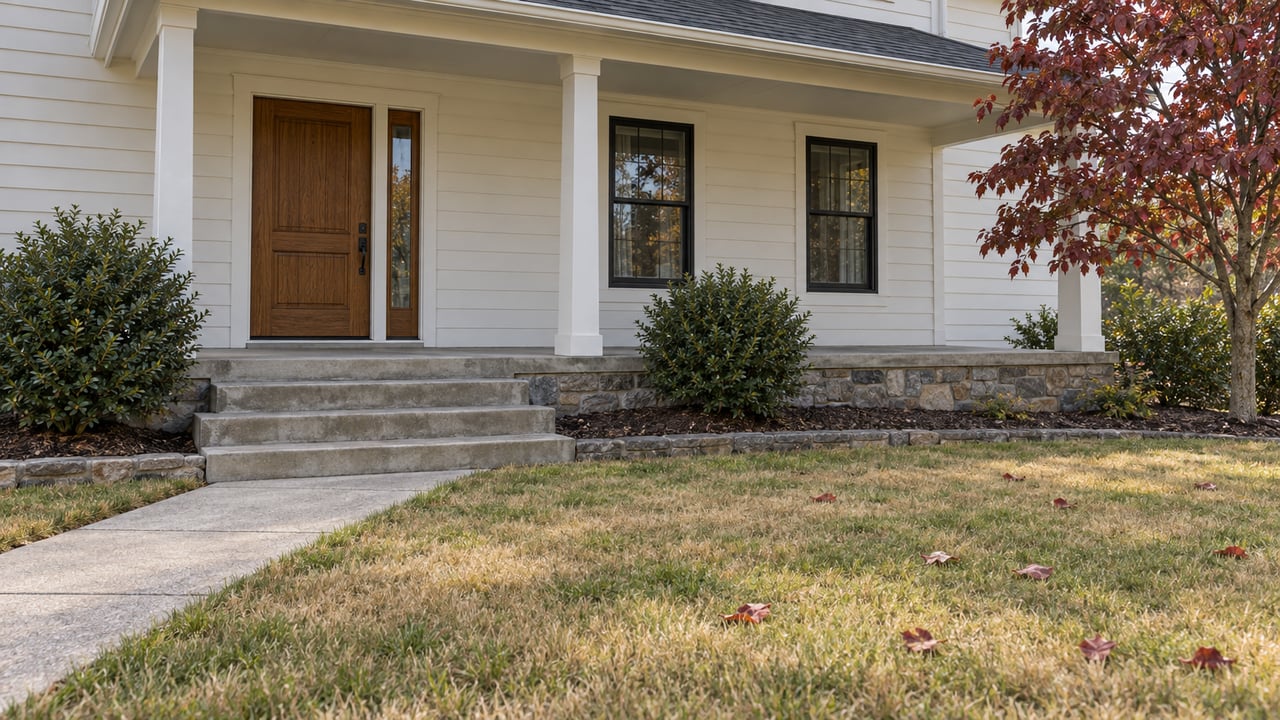 Dormant tan lawn leading to a white clapboard home with a broad concrete porch, stone foundation and autumn dogwood.