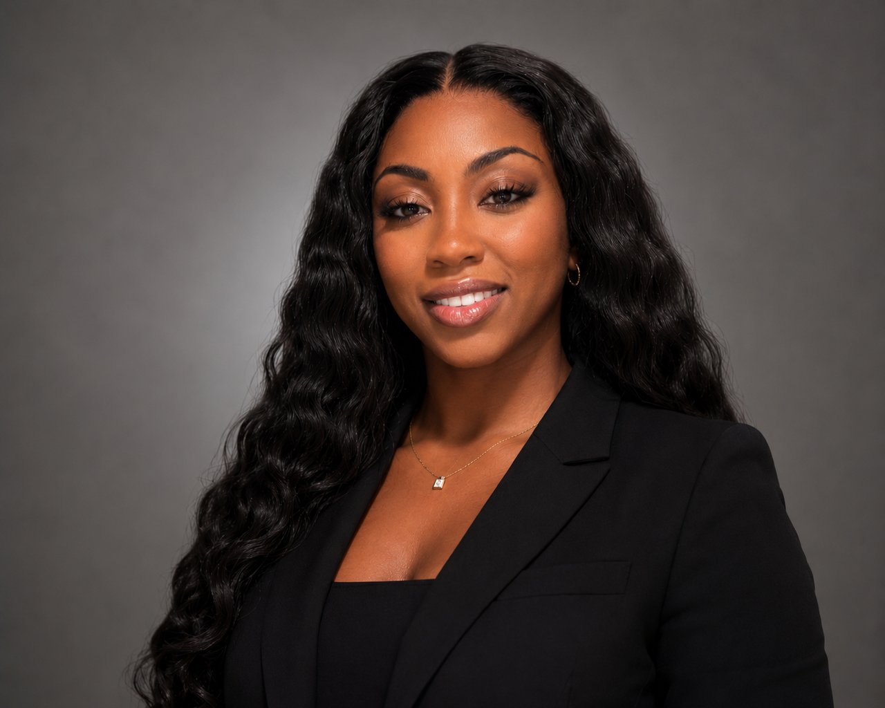 Asha Gayle smiling in a black blazer, with long wavy hair and gold jewelry.