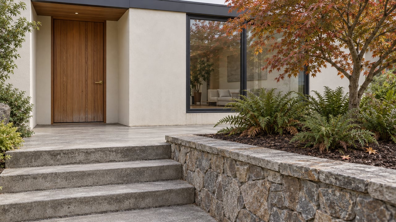 Cedar entry door and dark-framed glazing above concrete steps, beside a stone retaining wall planted with a Japanese maple and sword ferns.