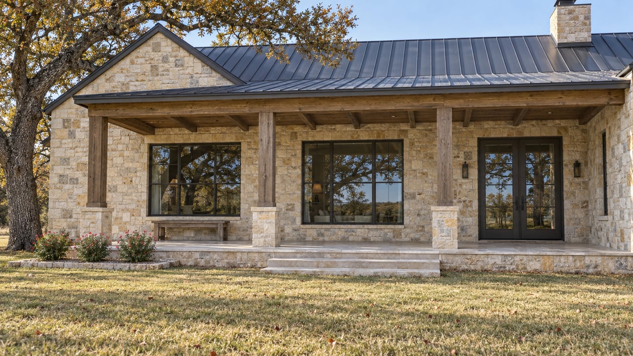Limestone home with a deep timber porch and charcoal metal roof overlooking a tawny autumn lawn beneath a mature oak.