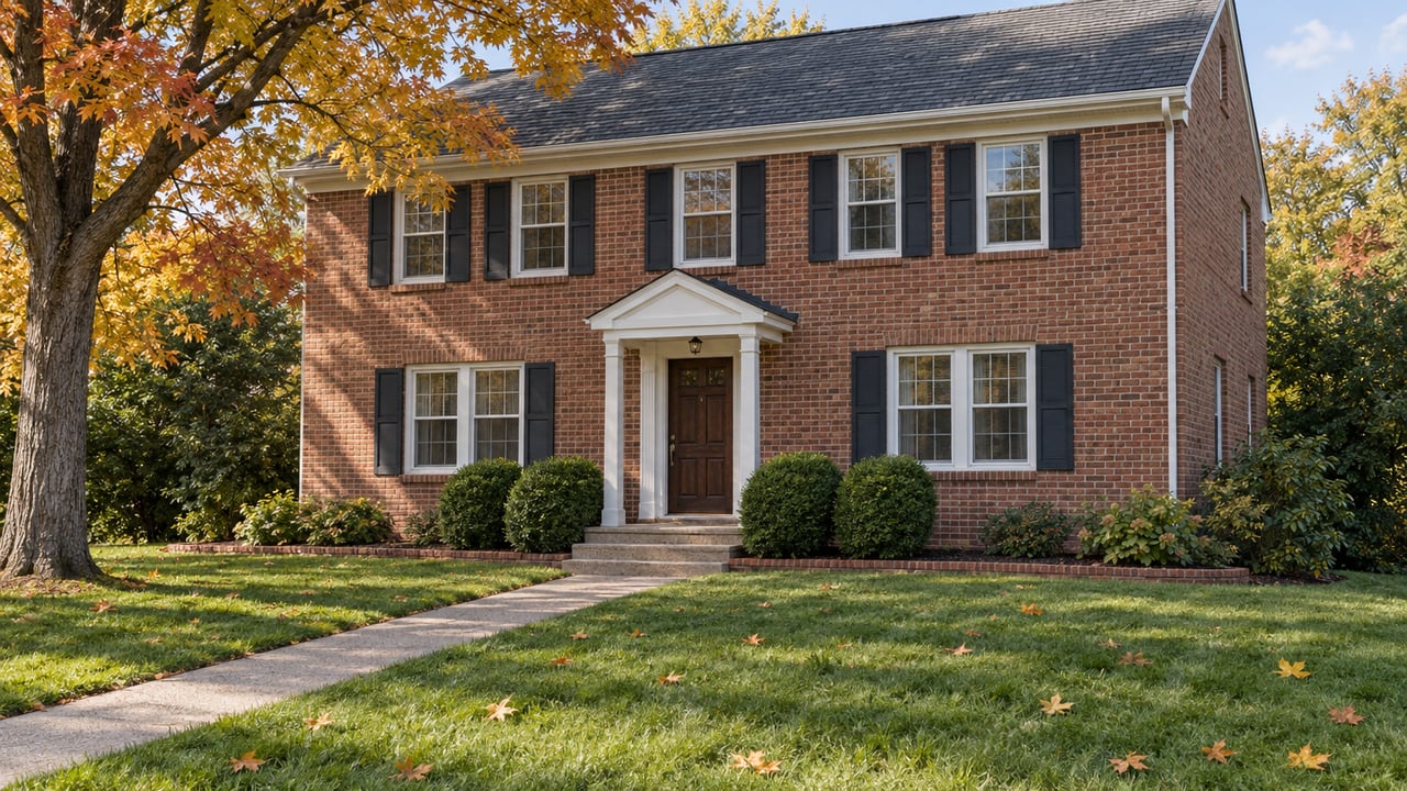 Two-story red-brick house with dark shutters, a deep green lawn and a copper-yellow maple in autumn sunlight.