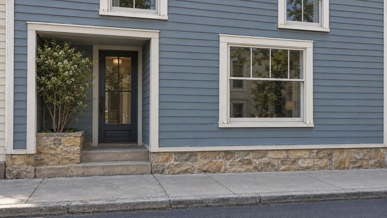 Blue-gray clapboard dwelling with sash windows, recessed glazed door, sandstone foundation, and a small tree in a raised planter.