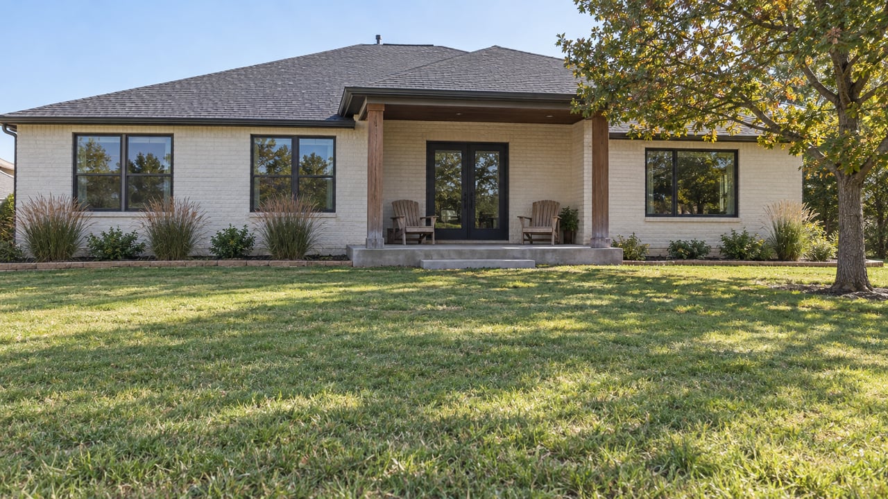 A broad lawn leads to a painted-brick single-story home with a covered cedar-post porch and a mature oak.