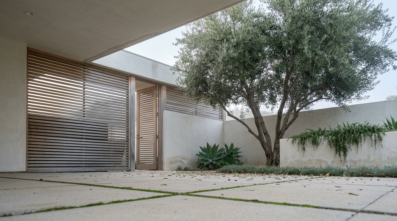 Mature multi-trunk olive tree in a walled courtyard with a partially open cedar slat screen.