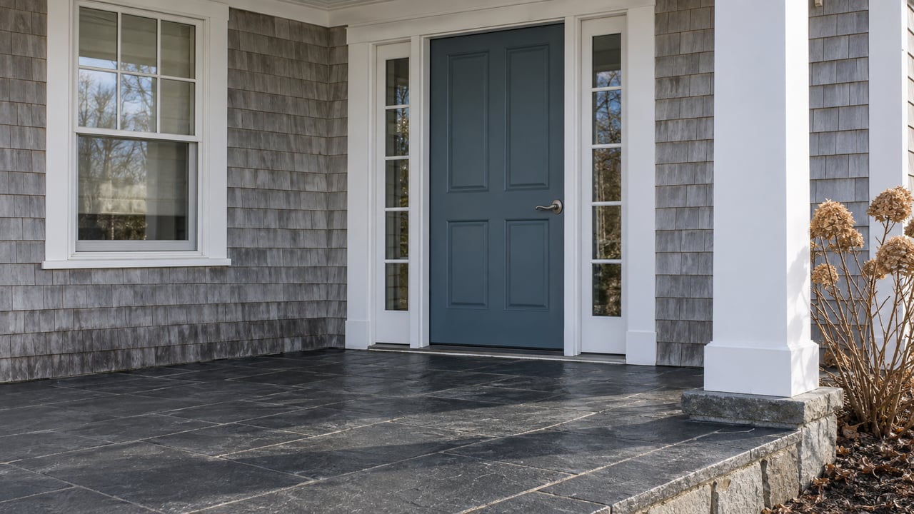 Silver-gray cedar shingles surround a sea-blue front door with paired sidelights above a weathered dark slate porch.