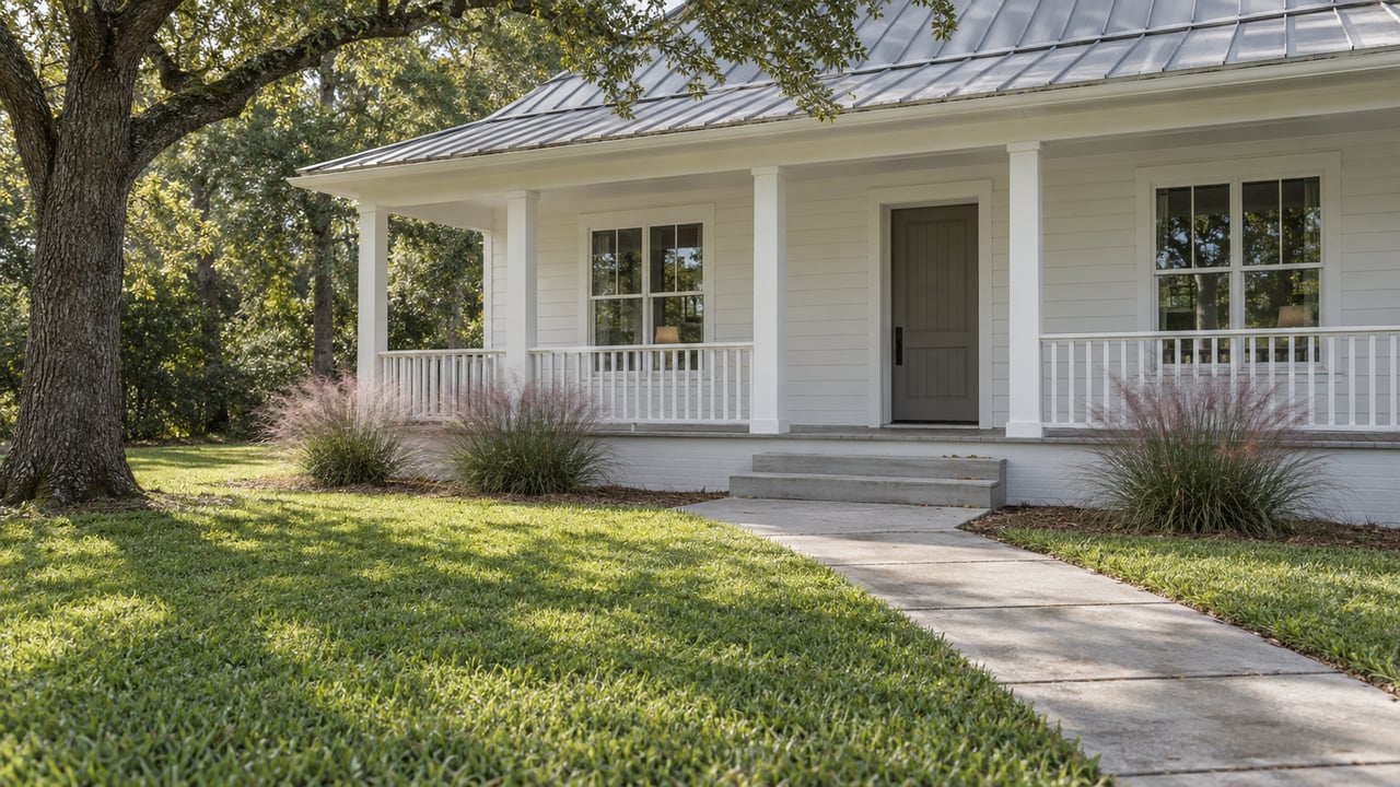 Warm white house with a raised porch, divided-lite windows, and a concrete walk crossing a deep lawn beneath an oak.