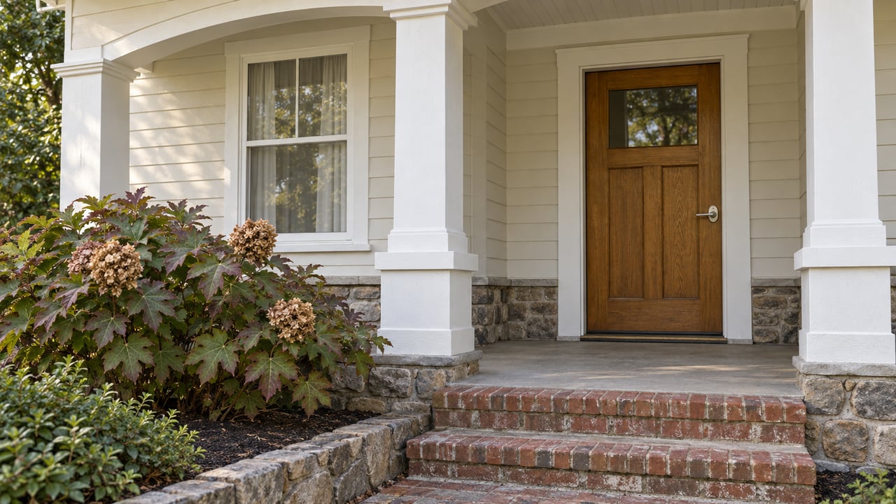 Cream-sided home entry with a painted porch arch, honey-brown wood door, brick approach and oakleaf hydrangea.