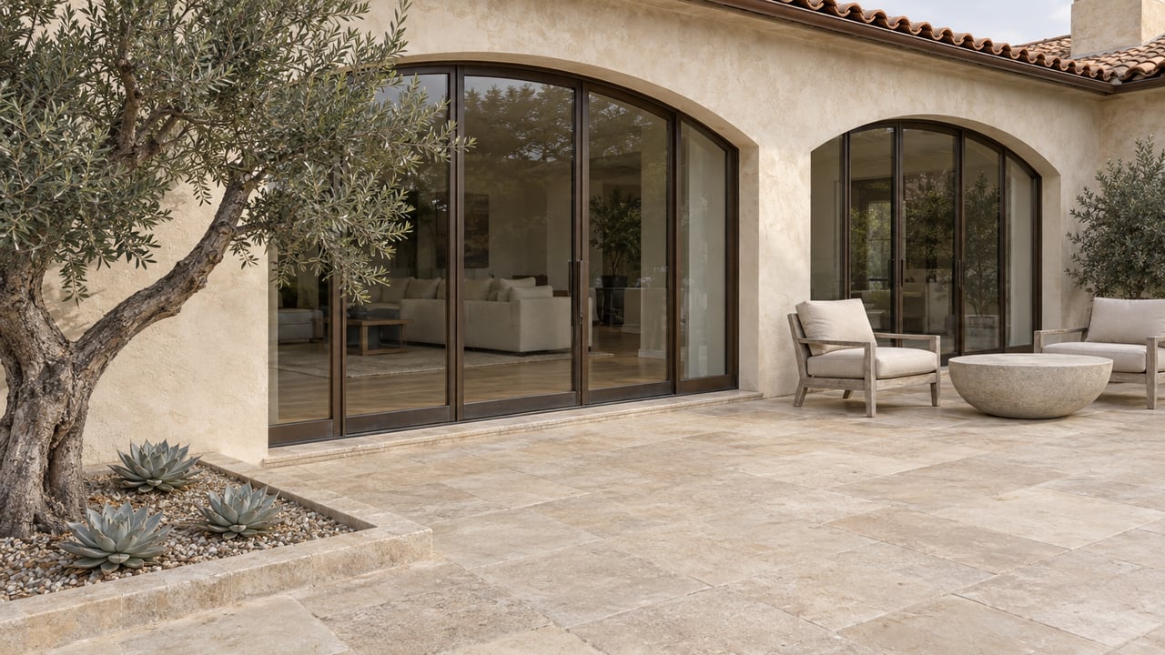 Pale stucco home with glazed arches opening onto a limestone terrace, teak lounge chairs and a sculptural olive tree.