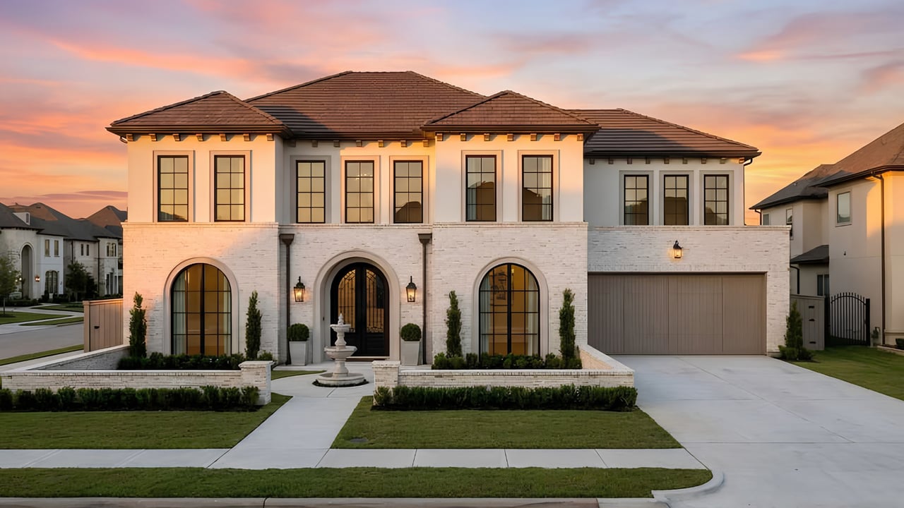Two-story stone home with arched windows, a central fountain, and a two-car garage at sunset.