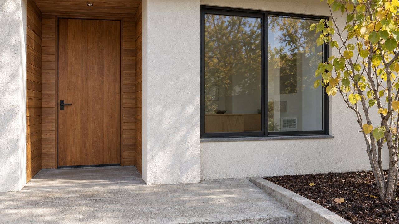 Close view of a cedar entry door and dark-framed window in an off-white stucco facade, with a concrete landing and autumn redbud at the edge.