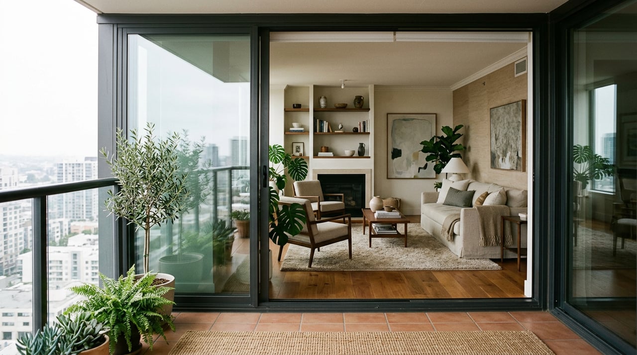 High-rise balcony with a Japanese maple planter beside open sliding doors revealing a warmly lit living room.
