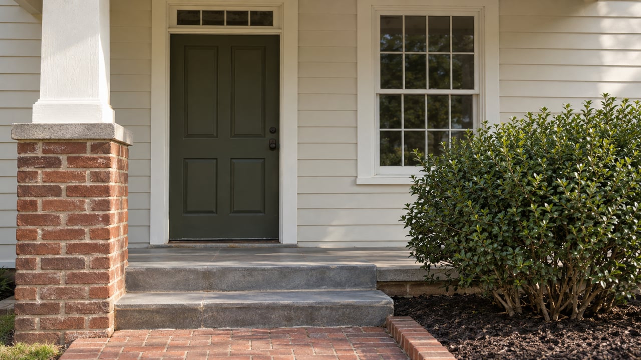 Compact house entry with an olive door, red brick pier, bluestone steps, and a shrub in a mulched bed.