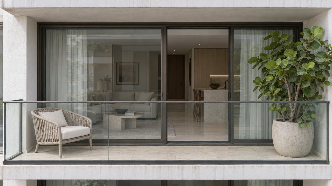 Condominium balcony with sliding glass doors, clear railing, an empty woven chair, and a potted multi-stem tree.