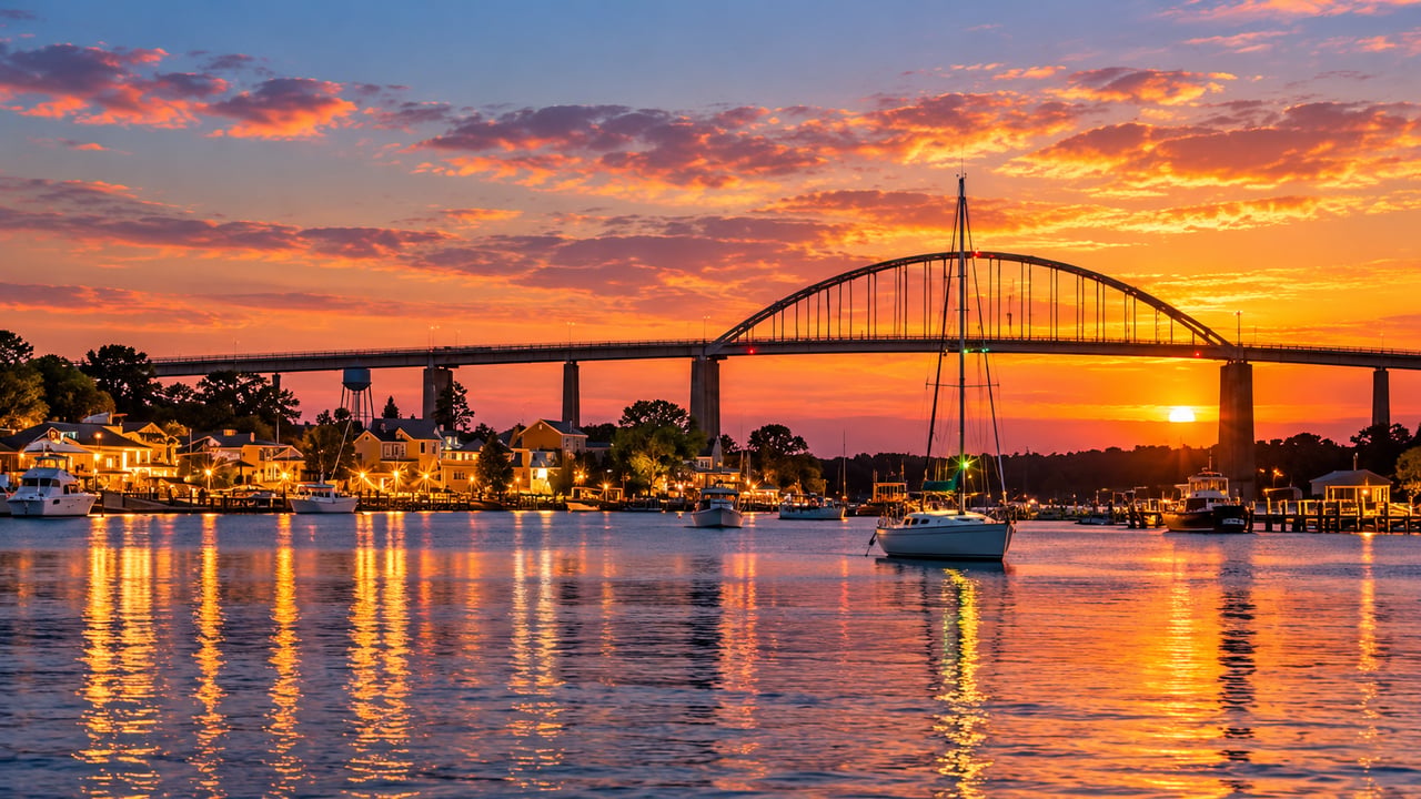 Chesapeake City harbor at sunset, with sailboats beneath the arched bridge.
