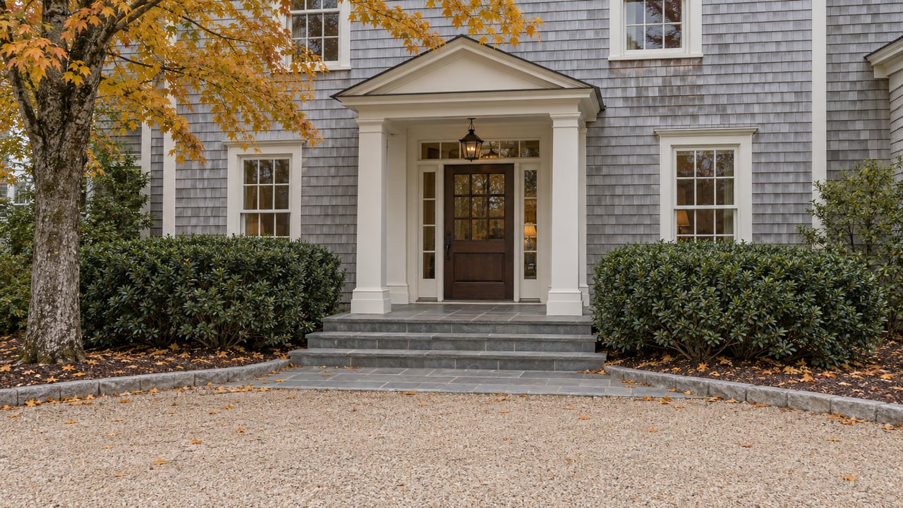 Gray shingle estate entry with white trim, bluestone steps, a gravel arrival court and golden maple foliage.